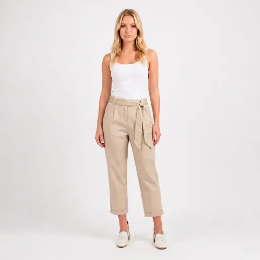 [39388/1BLMB78] 360 COTTON PANT WITH DOTTED SKARF BELT BEIGE 