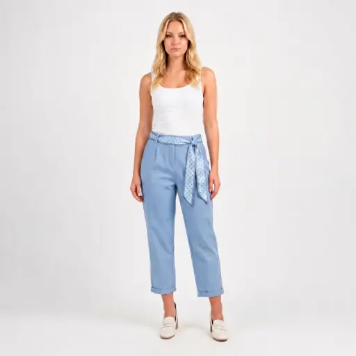 [39388/1BLMB80] 360 COTTON PANT WITH DOTTED SKARF BELT SKY BLU 