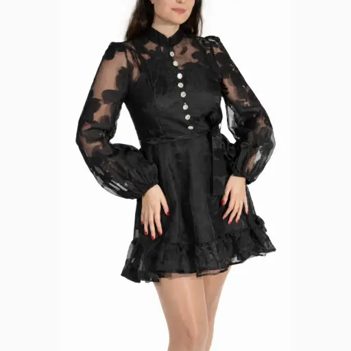 [V52258111] 360 COTTON SHORT DRESS LONG SLEEVE SHEER WITH FLOWER BLACK  M/L