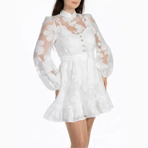 [V52258112] 360 COTTON SHORT DRESS LONG SLEEVE SHEER WITH FLOWER WHITE M/L