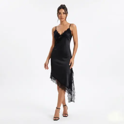 [HP9215THZ-1114] 360 COTTON MIDI DRESS SLEEVELESS SATIN WITH LACE BLACK 