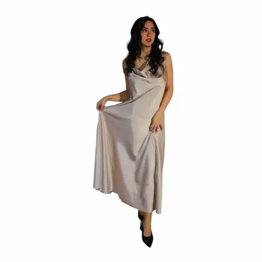 [37781ACETATO116] 360 COTTON LOND DRESS SATIN SLEEVELESS WITH ONE BUCLE BEIGE 