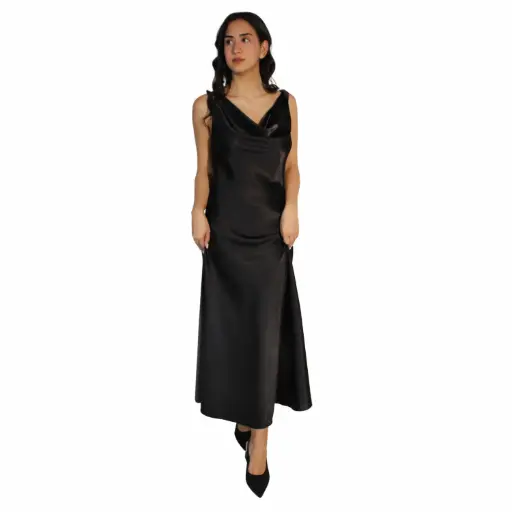[39351ACETATO119] 360 COTTON LOND DRESS SATIN SLEEVELESS WITH TWO BUCLES BLACK 