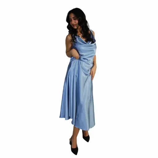 [39351ACETATO120] 360 COTTON LOND DRESS SATIN SLEEVELESS WITH TWO BUCLES SKY BLU 