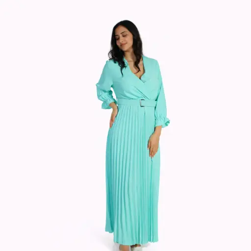 [6167-2621] Long Dress,long sleeve Vneck with belt sky blu