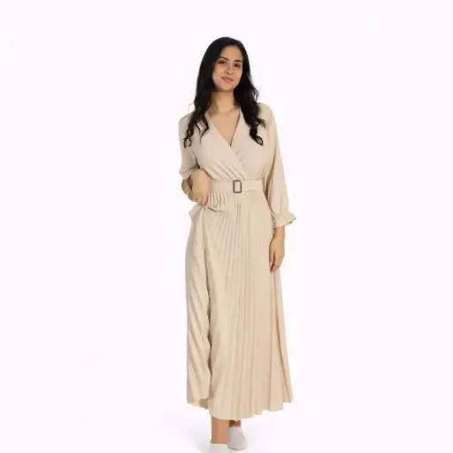 [6167-2623] Long Dress,long sleeve Vneck with belt Beige
