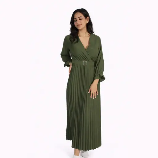 [6167-2624] Long Dress,long sleeve Vneck with belt Kaki 