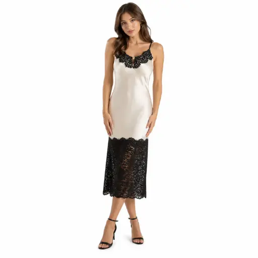[25107230] Short Dress, sleeveless satin with lace Beige 