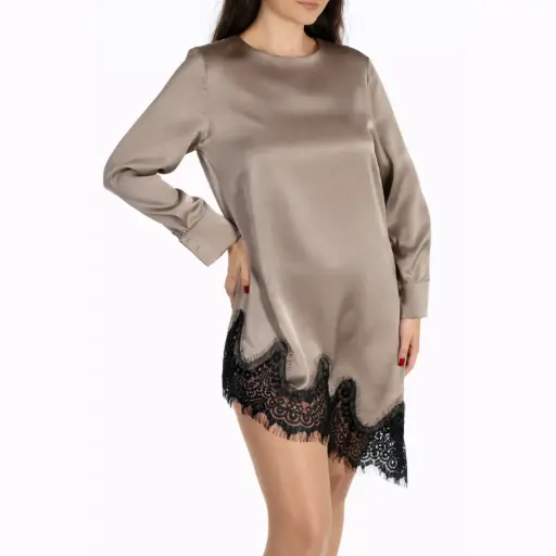 [25121731] Short Dress, long sleeve Satin with Lace Greige