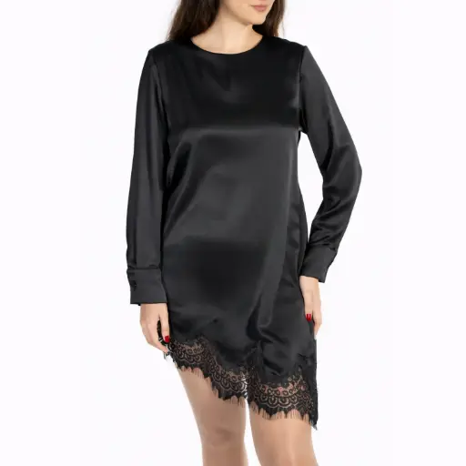 [25121732] Short Dress, long sleeve Satin with Lace Black 