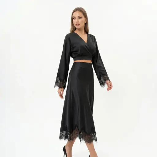 [25107044] Set skirt&Top Satin with lace Black 