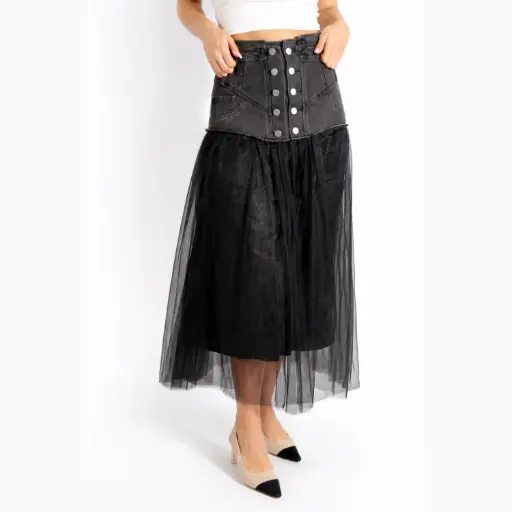 [908918] 360 COTTON LONG SKIRT JEANS AND TULE BLACK S