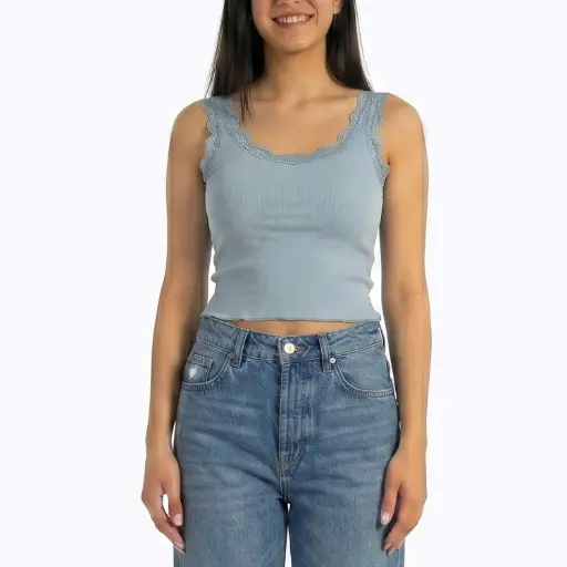 [539257] 360 COTTON SLEEVELESS TOP COTTON WITH LACE BLUE SKY