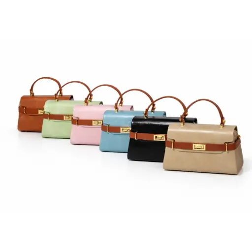 [175A86] 360 COTTON BAG RECTANGULAR BROWN TOP HANDLE DECORATIVE CLASP SOFT PINK