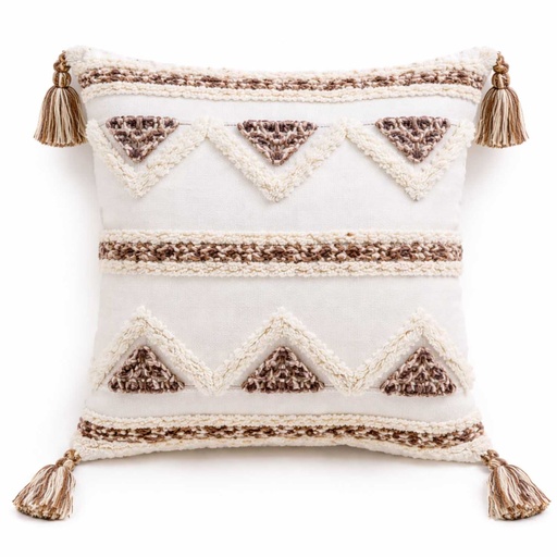 [PIBOH22] 360 HOME TUFTED CUSHION COVER 45*45CM BOHO STYLE TRIANGULAR TRIBAL MOTIFS WHITE & BROWN