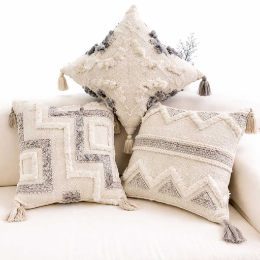 [PIBOH28] 360 HOME TUFTED CUSHION COVER 45*45CM BOHO STYLE GEOMETRIC PATTERN MULTI-COLOR TUFTING AND JACQUARD WEAVING CREAM & GREY