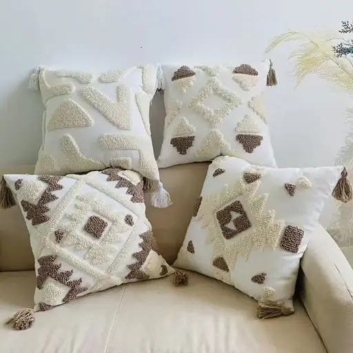 [PIBOH32] 360 HOME TUFTED CUSHION COVER 45*45CM BOHO STYLE RAISED DIAMOND PATTERN OFF-WHITE & BROWN