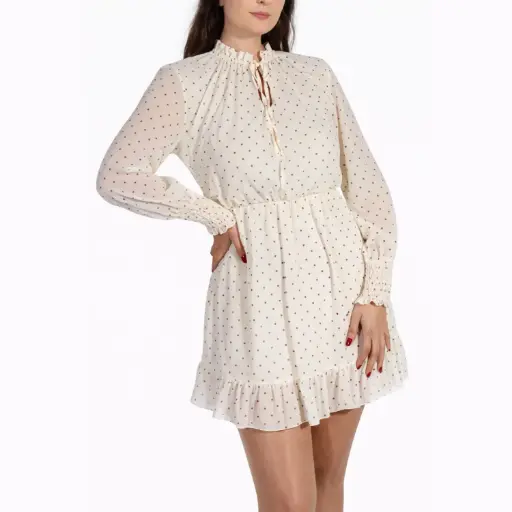 [u11939tssy78] 360 COTTON DOTTED LONG SLEEVE DRESS BEIGE 