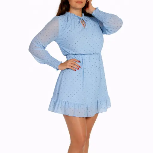 [u11939tssy79] 360 COTTON DOTTED LONG SLEEVE DRESS SKY BLUE 