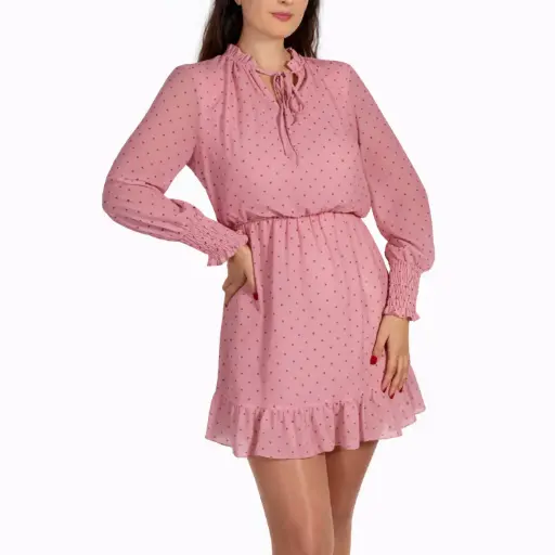 [u11939tssy80] 360 COTTON DOTTED LONG SLEEVE DRESS PINK 
