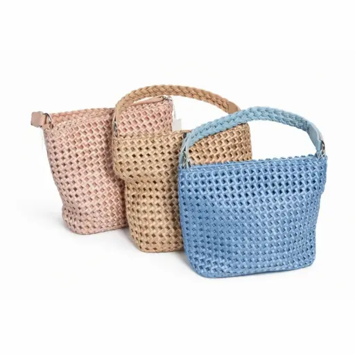 [BZ889] 360 COTTON WOMEN BAG CROCHET-STYLE FABRIC OPEN TOP ITALY