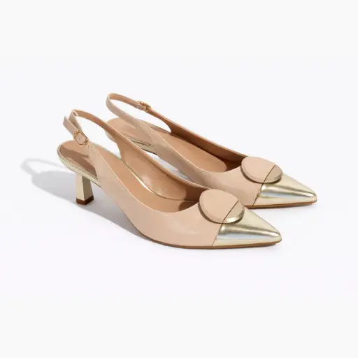 [634811B] 360 COTTON HEELS, 5CM,LEATHER, GOLD&BEIGE WITH ROUND BUCLE GOLD&BEIGE 37