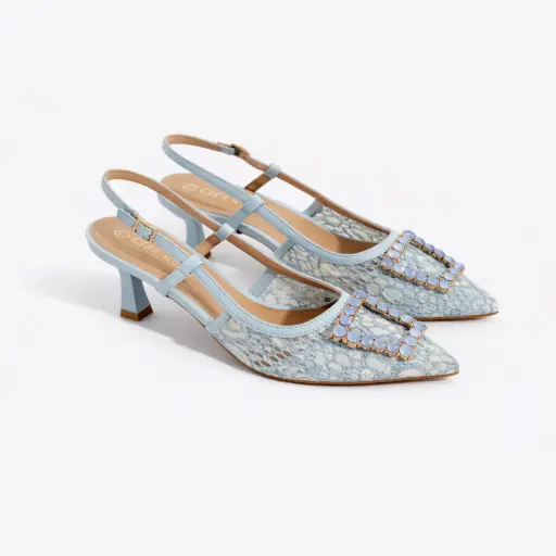 [52218D] 360 COTTON HEELS, 5CM,LACE, SKY BLUE WITH LOASANGE BUCLE SLY BLUE 39