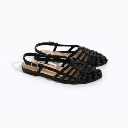 [J020979D] 360 COTTON FLAT SANDAL WITH BRAIDED STRAPS BLACK 39