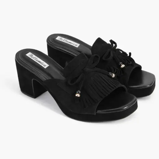 [OY0615104D] 360 COTTON DAIM MULES WITH FRINGES BLACK  39