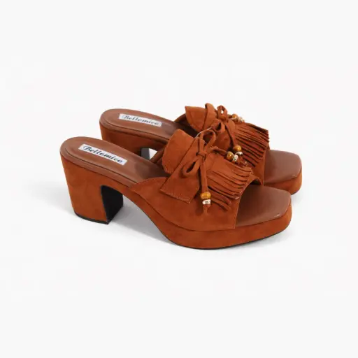 [OY0615105A] 360 COTTON DAIM MULES WITH FRINGES BROWN 36