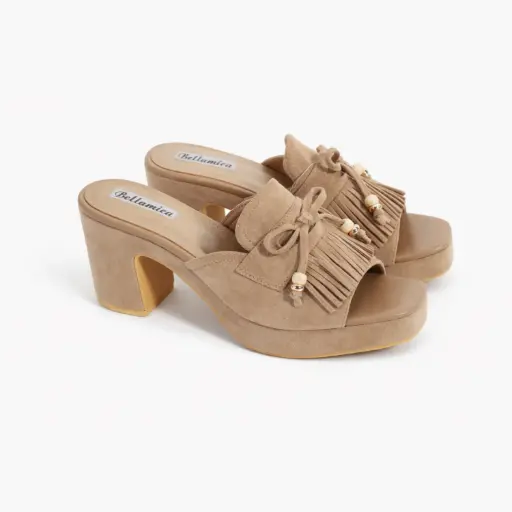 [OY0615106C] 360 COTTON DAIM MULES WITH FRINGES BEIGE 38