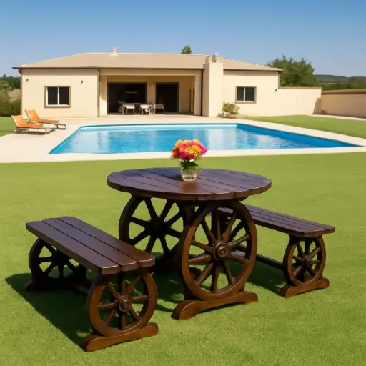 [OUTA-3] 360 HOME OUTDOOR 3 PCS PATIO SET WOODEN WAGON WHEEL BENCH WITH SLATTED SEAT BROWN