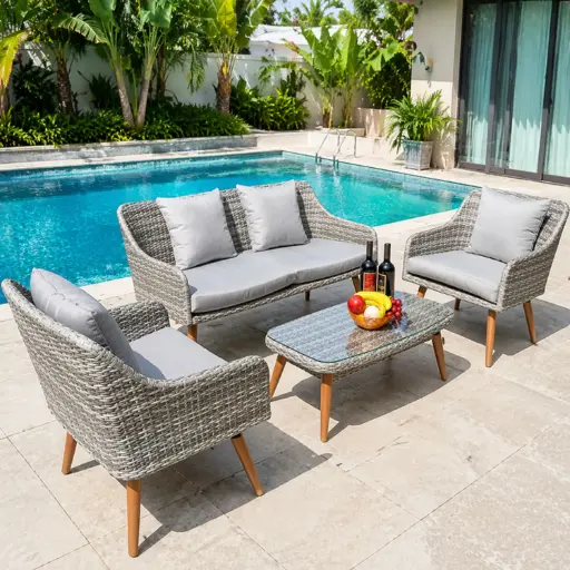 [OUTA-4] 360 HOME OUTDOOR 4 PCS PATIO RATTAN WICKER SET WITH 2-SEATS SOFA, 2 SINGLE CHAIRS AND A RECTANGULAR COFFEE TABLE GREY