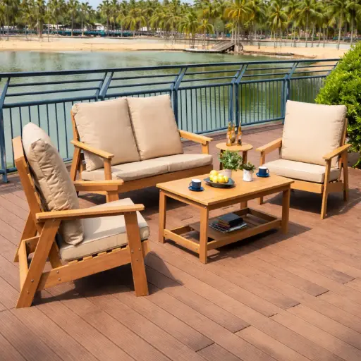[OUTA-8] 360 HOME OUTDOOR 4 PCS PATIO PLASTIC WOOD SET WITH 2-SEATS SOFA, 2 SINGLE CHAIRS AND A RECTANGULAR COFFEE TABLE BEIGE