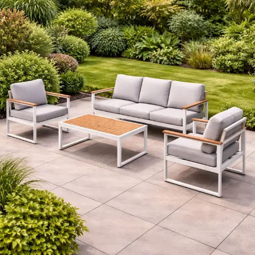 [OUTA-11] 360 HOME OUTDOOR 4 PCS PATIO SET WITH 3-SEATS SOFA 2 SINGLE CHAIRS AND A RECTANGULAR COFFEE TABLE OFF-WHITE