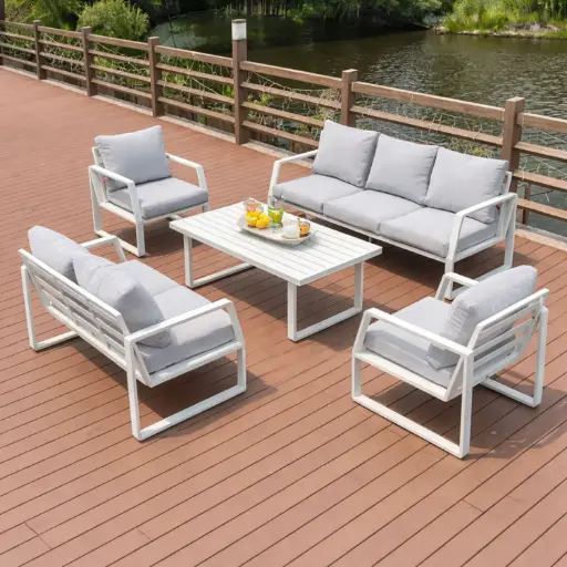 [OUTA-13] 360 HOME OUTDOOR 5 PCS PATIO SET WITH 3-SEATS SOFA, 2-SEATS SOFA, 2 SINGLE CHAIRS AND A RECTANGULAR TABLE WHITE