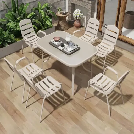 [OUTA-16] 360 HOME OUTDOOR 7 PCS PATIO SET WITH 6 CHAIRS  AND A RECTANGULAR TABLE BEIGE