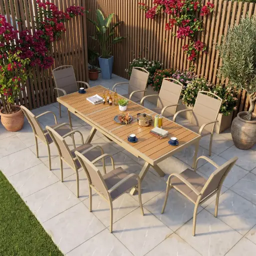 [OUTA-20] 360 HOME OUTDOOR  9 PCS PATIO SET WITH 8 CHAIRS  AND A RECTANGULAR EXTENDABLE TABLE BEIGE