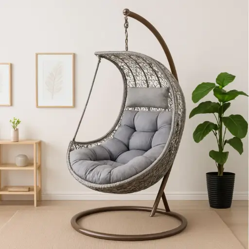 [OUTA-21] 360 HOME OUTDOOR RATTAN HANGING SWING ROOF EGG CHAIR WITH STAND AND CUSHION GREY