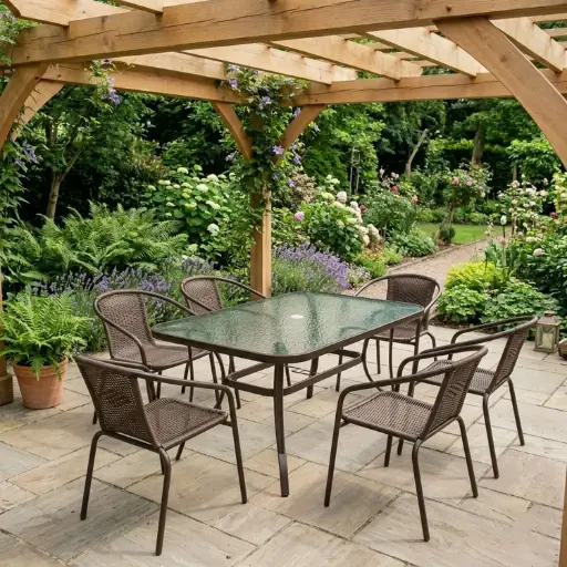 [HY-012] 360 HOME OUTDOOR 7 PCS PATIO RATTAN WICKER SET WITH 6 CHAIRS 54*46*74 AND RECTANGULAR TOP GLASS TABLE 120*80*70  