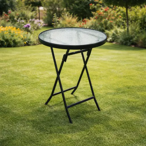 [HY-067]  360 HOME OUTDOOR FOLDING DINING ROUND TABLE TOP GLASS 80CM BLACK