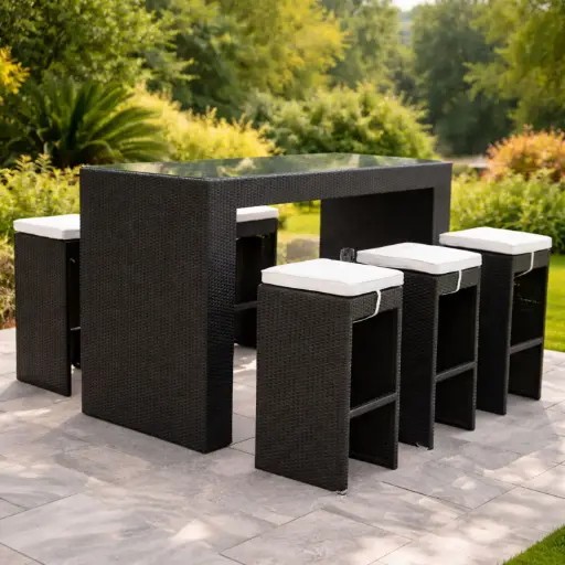 [OUT40-11] 360 HOME OUTDOOR 7 PCS PATIO RATTAN WICKER SET WITH 6 CHAIRS: 42*42*75CM AND RECTANGULAR BAR TABLE 195*76*107CM BLACK WITH OFF-WHITE CUSHIONS   