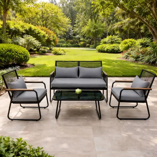 [OUT40-13] 360 HOME OUTDOOR 4 PCS PATIO ALLUMINIUM SET WITH 2-SEATS SOFA, 2 SINGLE ARMCHAIR CHAIR: 57*68*76CM AND A RECTANGULAR COFFEE TABLE  BLACK
