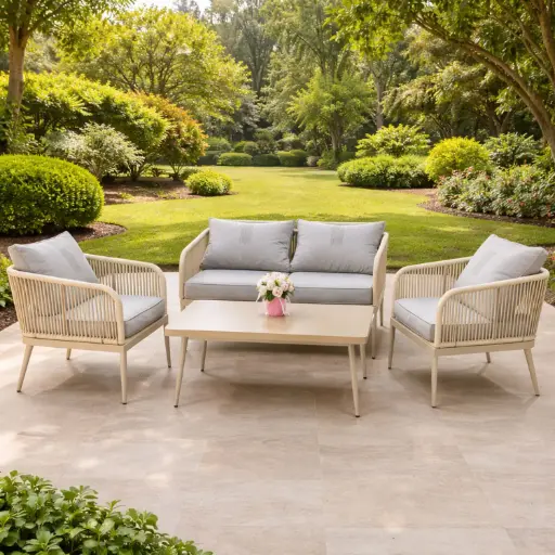[OUT40-14] 360 HOME OUTDOOR 4 PCS PATIO ALLUMINIUM SET WITH 2-SEATS SOFA, 2 SINGLE CHAIRS: 68*68*70CM AND A RECTANGULAR COFFEE TABLE  OFF-WHITE