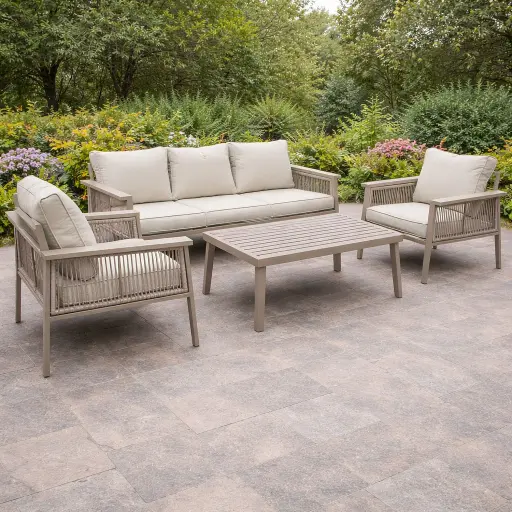 [OUT40-18] 360 HOME OUTDOOR 5 PCS PATIO ALLUMINIUM SET WITH 3-SEATS SOFA: 204*77*75CM, 2-SEATS SOFA: 143*77*75CM  2 SINGLE CHAIRS: 80*77*75CM  AND A RECTANGULAR COFFEE TABLE: 140*70*66CM OFF-WHITE