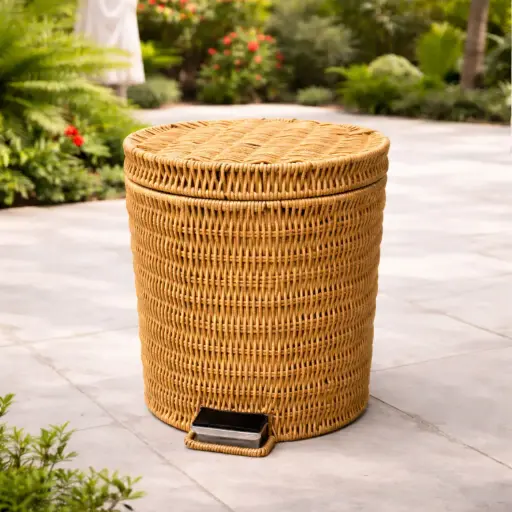 [OUT40-19] 360 HOME HOUSEHOLD RATTAN BAMBOO TRASH BASKET WITH FOOT-OPERATED 31*29*42CM YELLOW
