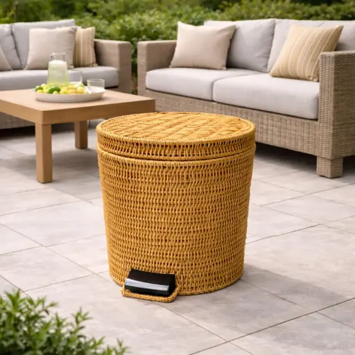 [OUT40-20] 360 HOME HOUSEHOLD RATTAN BAMBOO TRASH BASKET WITH FOOT-OPERATED 28*27*37CM YELLOW