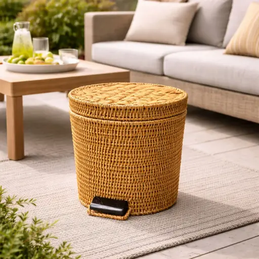 [OUT40-21] 360 HOME HOUSEHOLD RATTAN BAMBOO TRASH BASKET WITH FOOT-OPERATED 26*24*30CM YELLOW