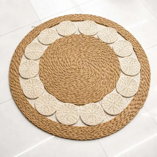 [STRAW1] 360 HOME FLOORMAT STRAW 120CM NATURAL &OFF-WHITE COLOR LARGE SPIRAL BRAIDED FRAMED BY A BORDER COMPOSED OF SMALLER INDIVIDUAL ELEMENTS