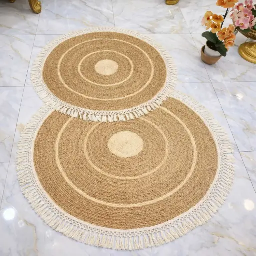 [STRAW5] 360 HOME FLOORMAT STRAW 120CM BRAIDED CIRCULAR SHAPE WITH A LIGHTER COLORED CENTER AND WHITE FRINGED EDGES 